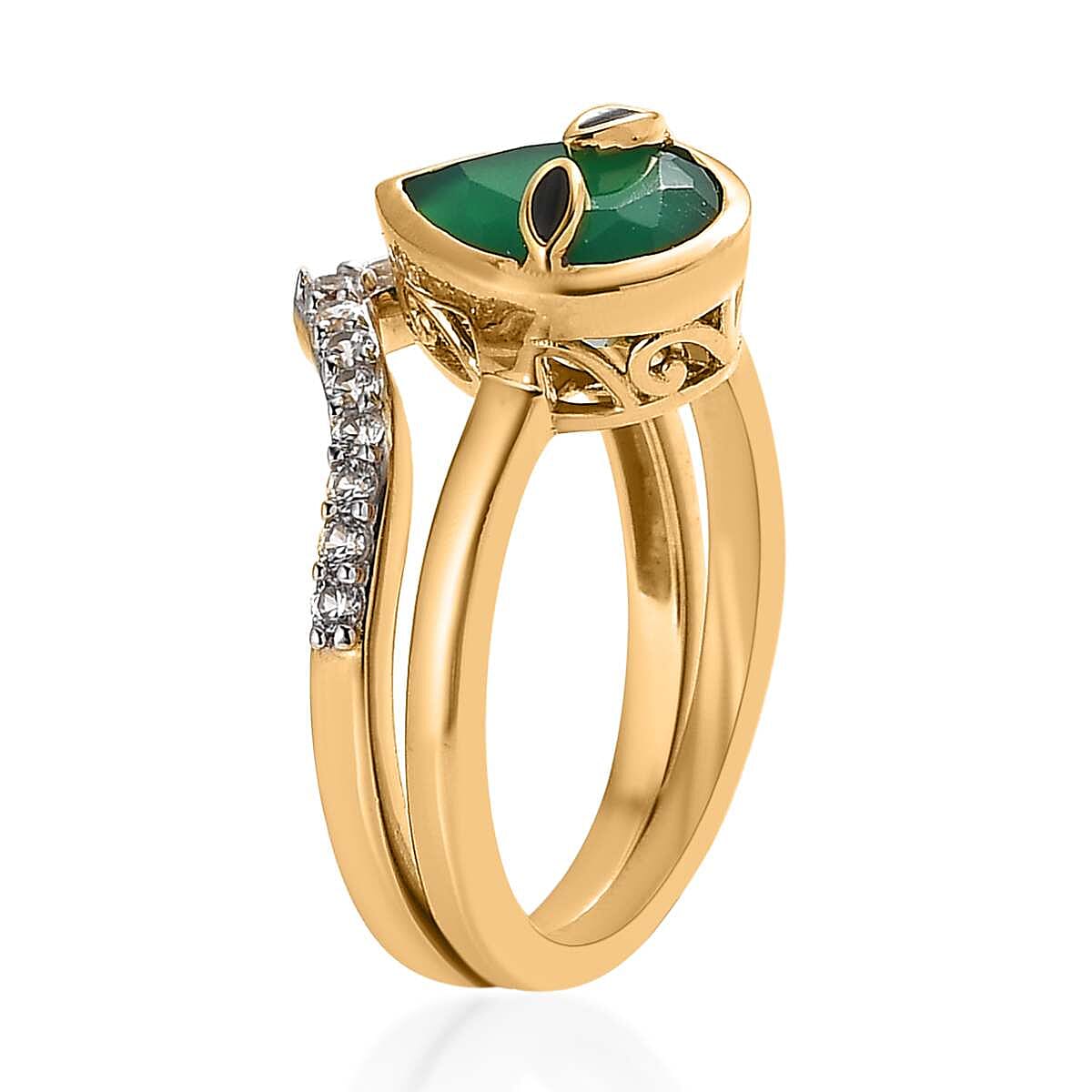 Green Onyx and White Zircon Chevron Alien Band Ring Set in Vermeil Yellow Gold Over Sterling Silver (Size 6.0) 2.00 ctw