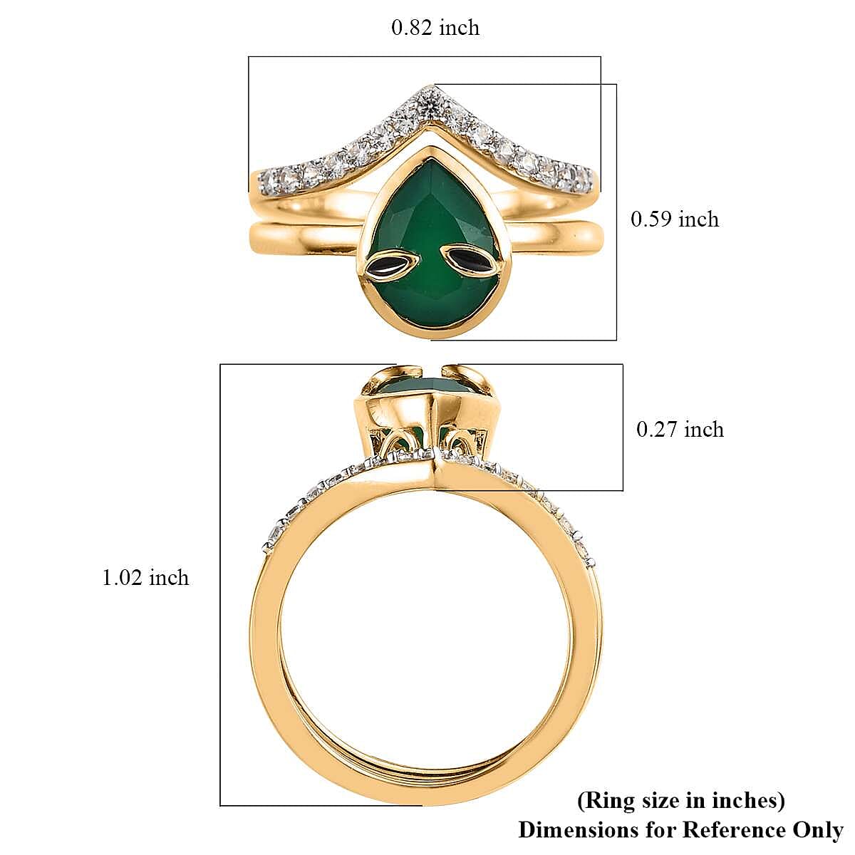 Green Onyx and White Zircon Chevron Alien Band Ring Set in Vermeil Yellow Gold Over Sterling Silver (Size 6.0) 2.00 ctw