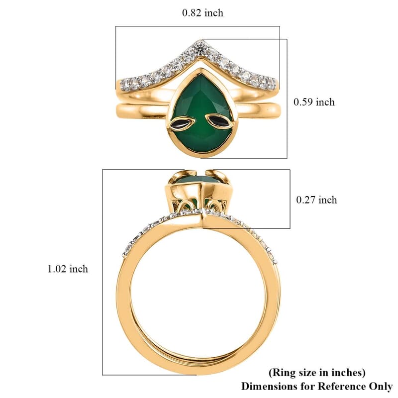 Green Onyx and White Zircon Chevron Alien Band Ring Set in Vermeil Yellow Gold Over Sterling Silver (Size 6.0) 2.00 ctw