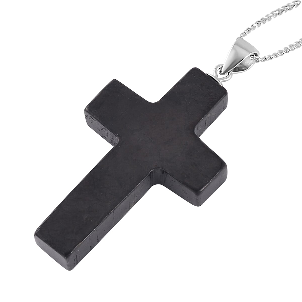 Shungite Cross Pendant Necklace 18 Inches in Rhodium Over Sterling Silver 17.50 ctw image number 2