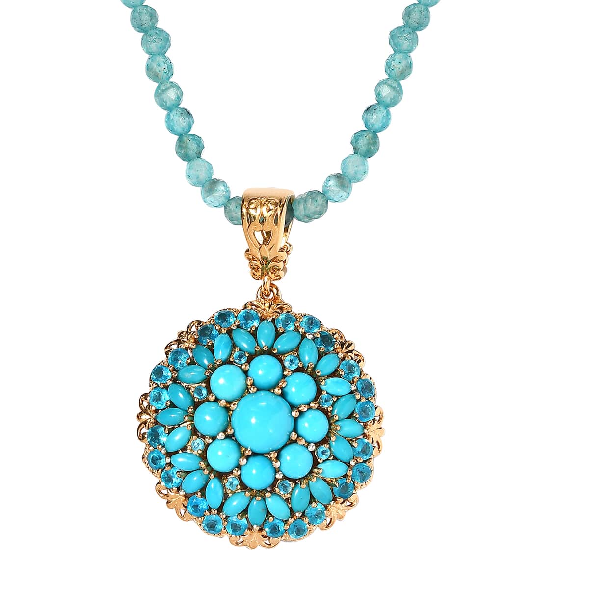 Premium Sleeping Beauty Turquoise and Malgache Neon Apatite Medallion Pendant with Beaded Necklace 20 Inches in Vermeil YG and Platinum Over Sterling Silver 77.15 ctw image number 0