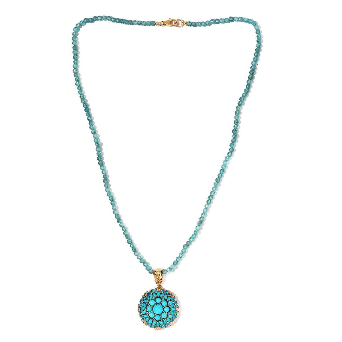 Premium Sleeping Beauty Turquoise and Malgache Neon Apatite Medallion Pendant with Beaded Necklace 20 Inches in Vermeil YG and Platinum Over Sterling Silver 77.15 ctw image number 1