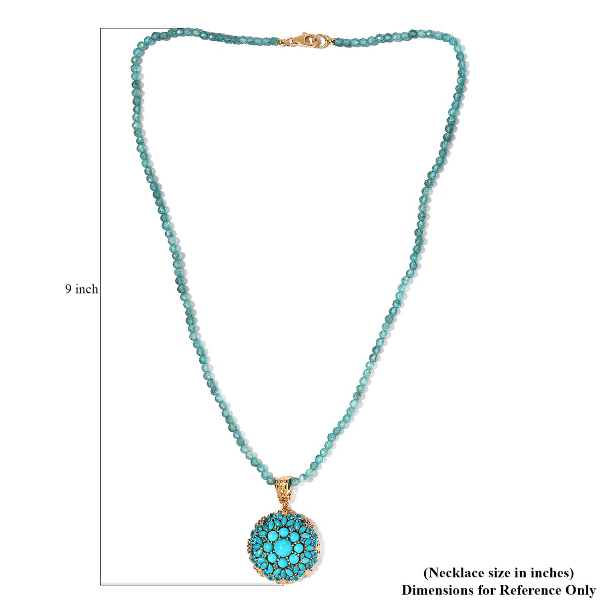 Premium Sleeping Beauty Turquoise and Malgache Neon Apatite Medallion Pendant with Beaded Necklace 20 Inches in Vermeil YG and Platinum Over Sterling Silver 77.15 ctw image number 3