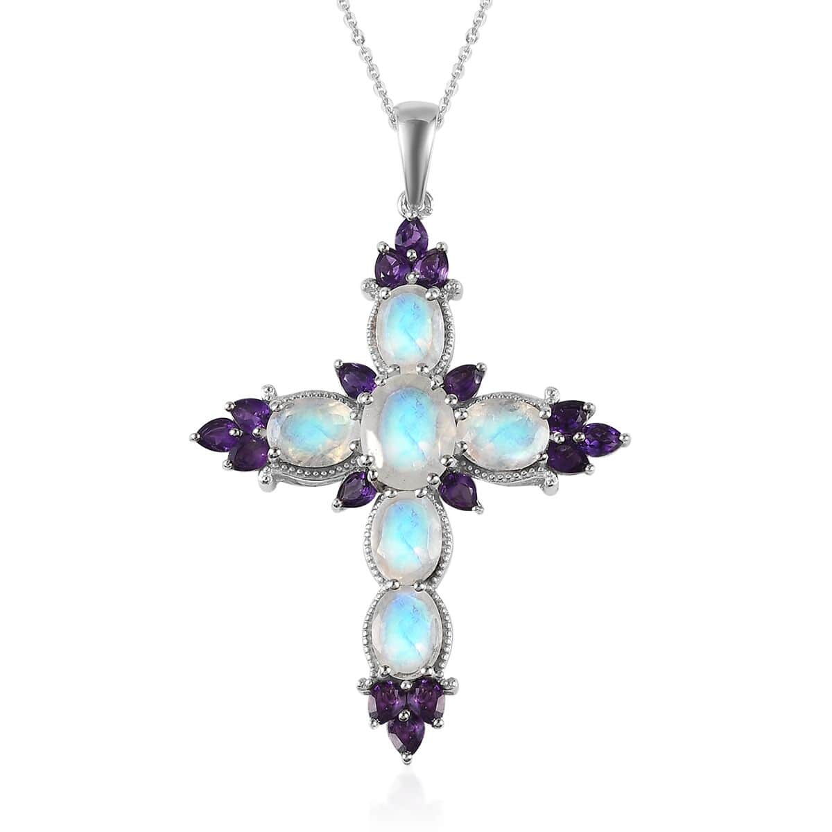 Premium Rainbow Moonstone and Amethyst Cross Pendant Necklace 20 Inches in Platinum Over Sterling Silver 10.75 ctw image number 0