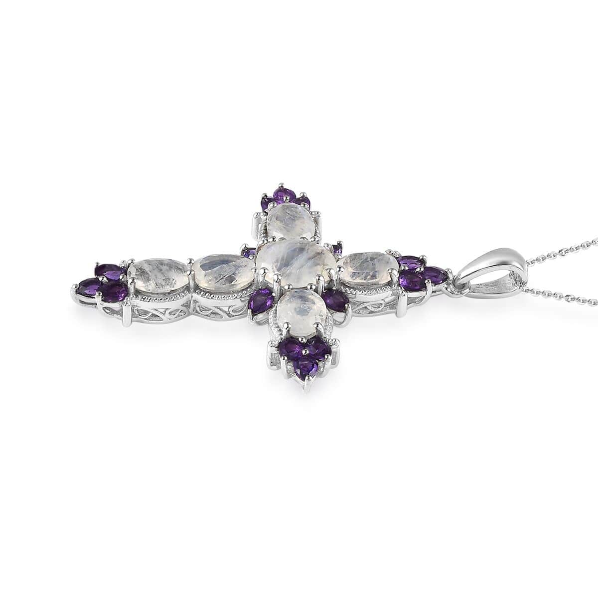 Premium Rainbow Moonstone and Amethyst Cross Pendant Necklace 20 Inches in Platinum Over Sterling Silver 10.75 ctw image number 2