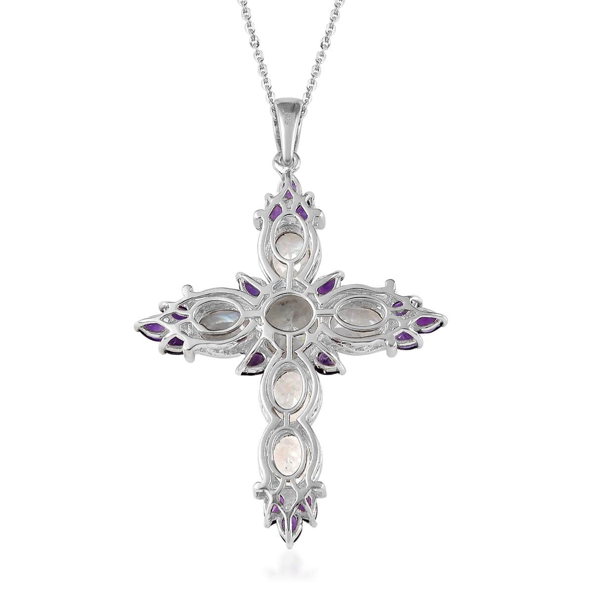 Premium Rainbow Moonstone and Amethyst Cross Pendant Necklace 20 Inches in Platinum Over Sterling Silver 10.75 ctw image number 3