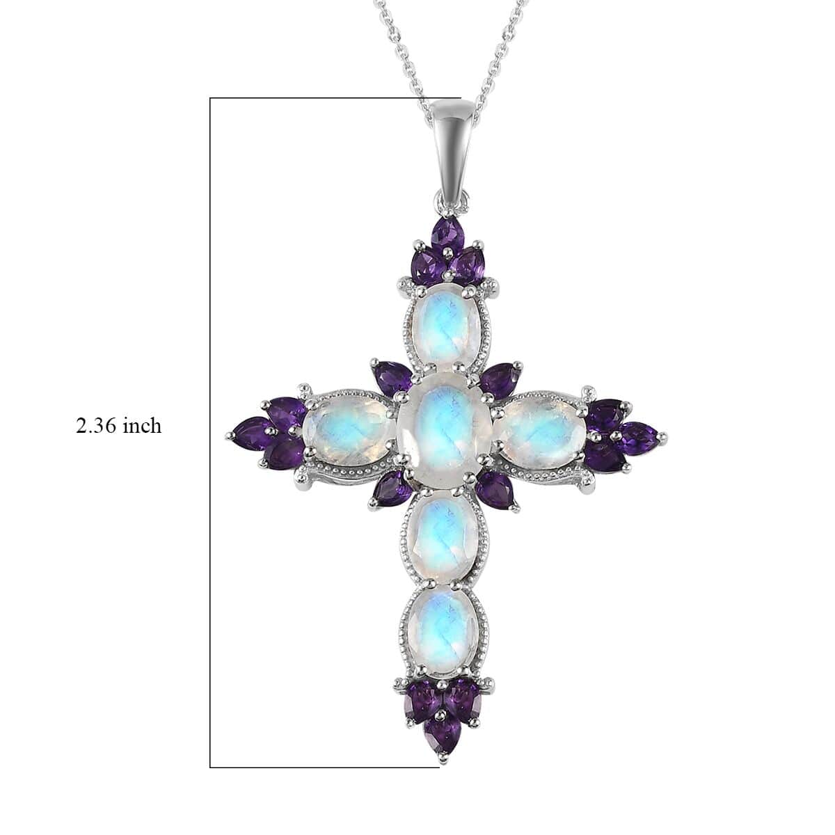 Premium Rainbow Moonstone and Amethyst Cross Pendant Necklace 20 Inches in Platinum Over Sterling Silver 10.75 ctw image number 4