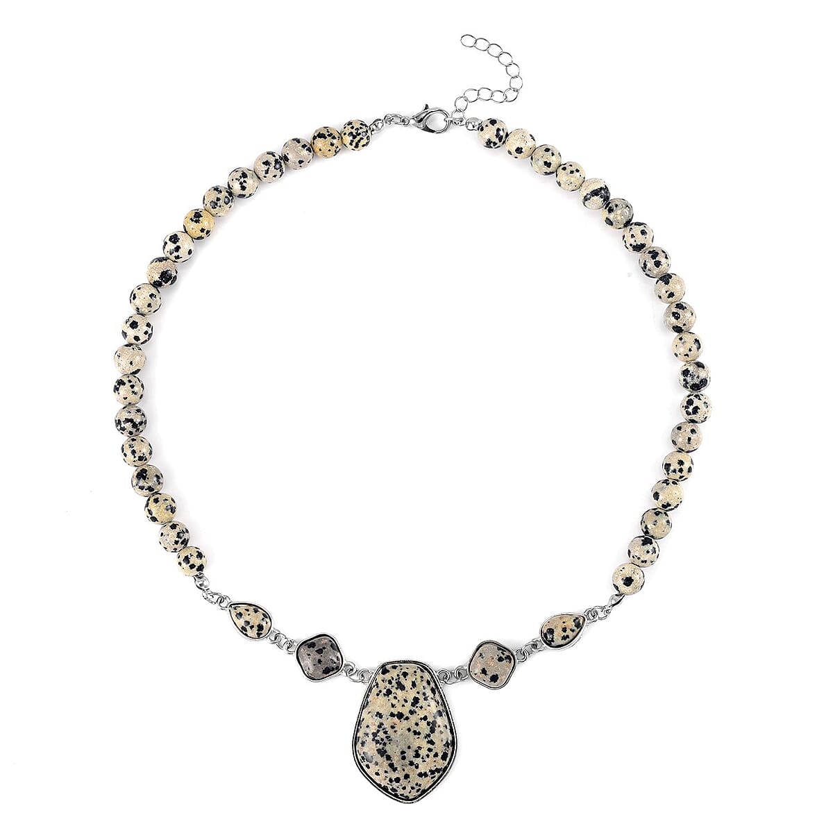 Dalmatian Jasper Drop Earrings and Beaded Necklace 18-20 Inches in Silvertone 298.00 ctw image number 2
