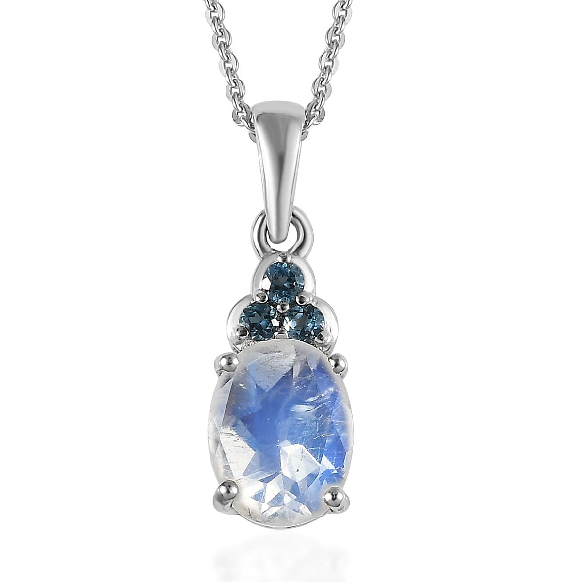 Premium Rainbow Moonstone and London Blue Topaz Lever Back Earrings, Ring (Size 6.0) and Pendant Necklace 20 Inches in Platinum Over Sterling Silver 6.85 ctw