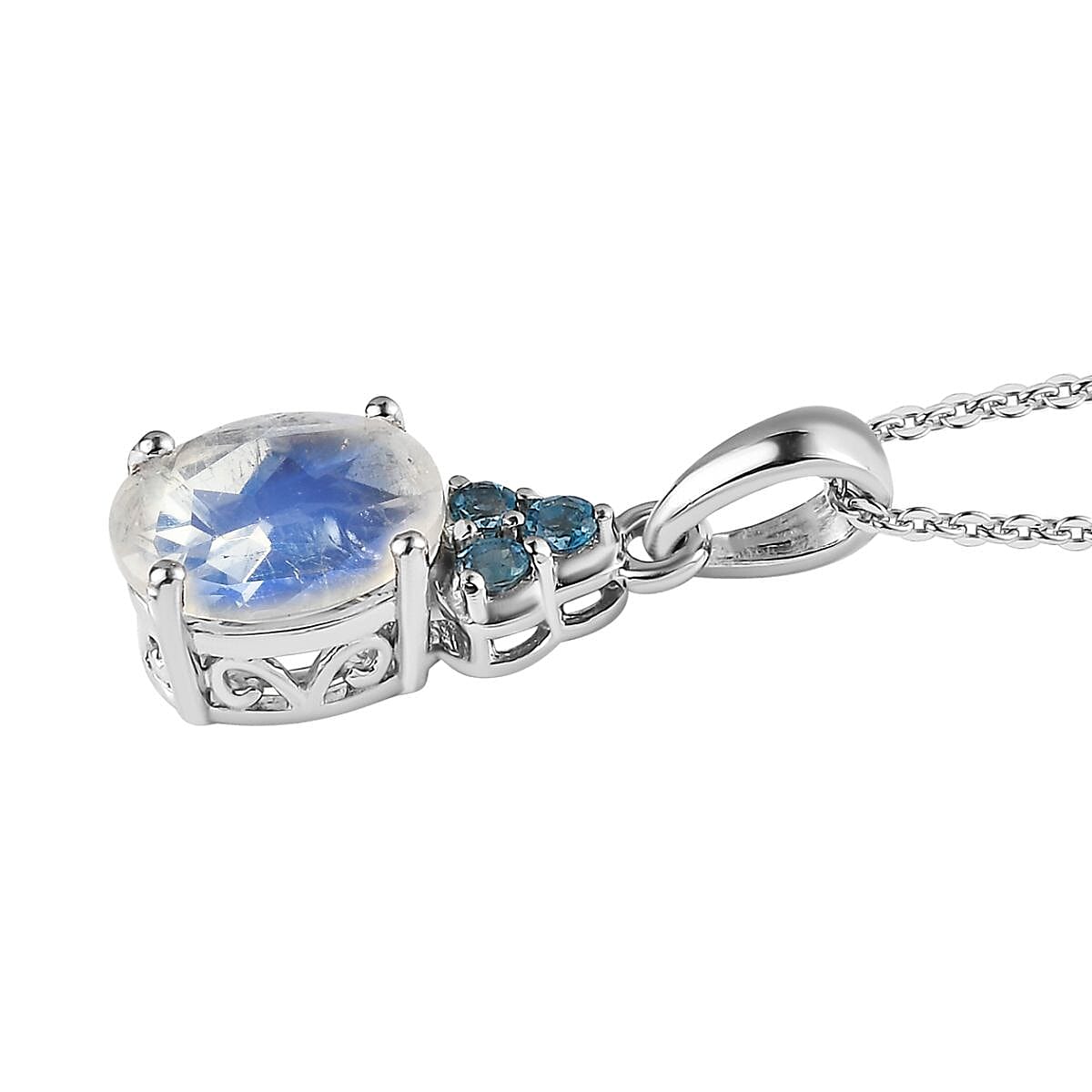 Premium Rainbow Moonstone and London Blue Topaz Lever Back Earrings, Ring (Size 6.0) and Pendant Necklace 20 Inches in Platinum Over Sterling Silver 6.85 ctw