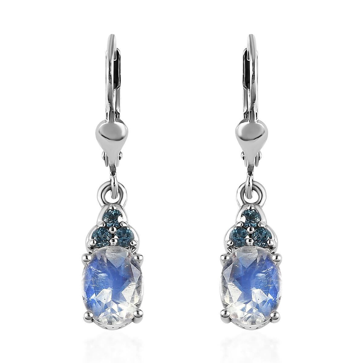 Premium Rainbow Moonstone and London Blue Topaz Lever Back Earrings, Ring (Size 6.0) and Pendant Necklace 20 Inches in Platinum Over Sterling Silver 6.85 ctw