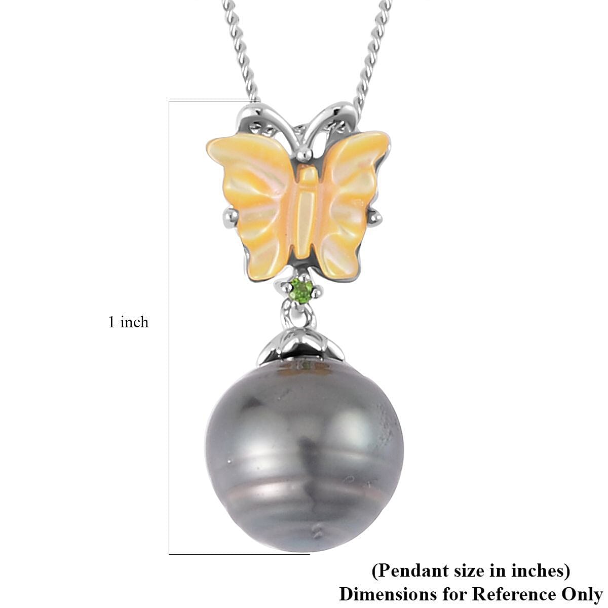 Tahitian Cultured Pearl Multi Gemstone Butterfly Pendant Necklace 18 Inches in Rhodium Over Sterling Silver
