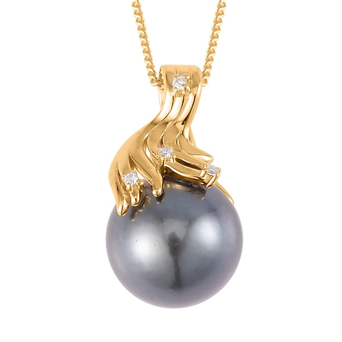 Tahitian Cultured Pearl 12-13mm and Moissanite Pendant Necklace 18 Inches in Vermeil Yellow Gold Over Sterling Silver