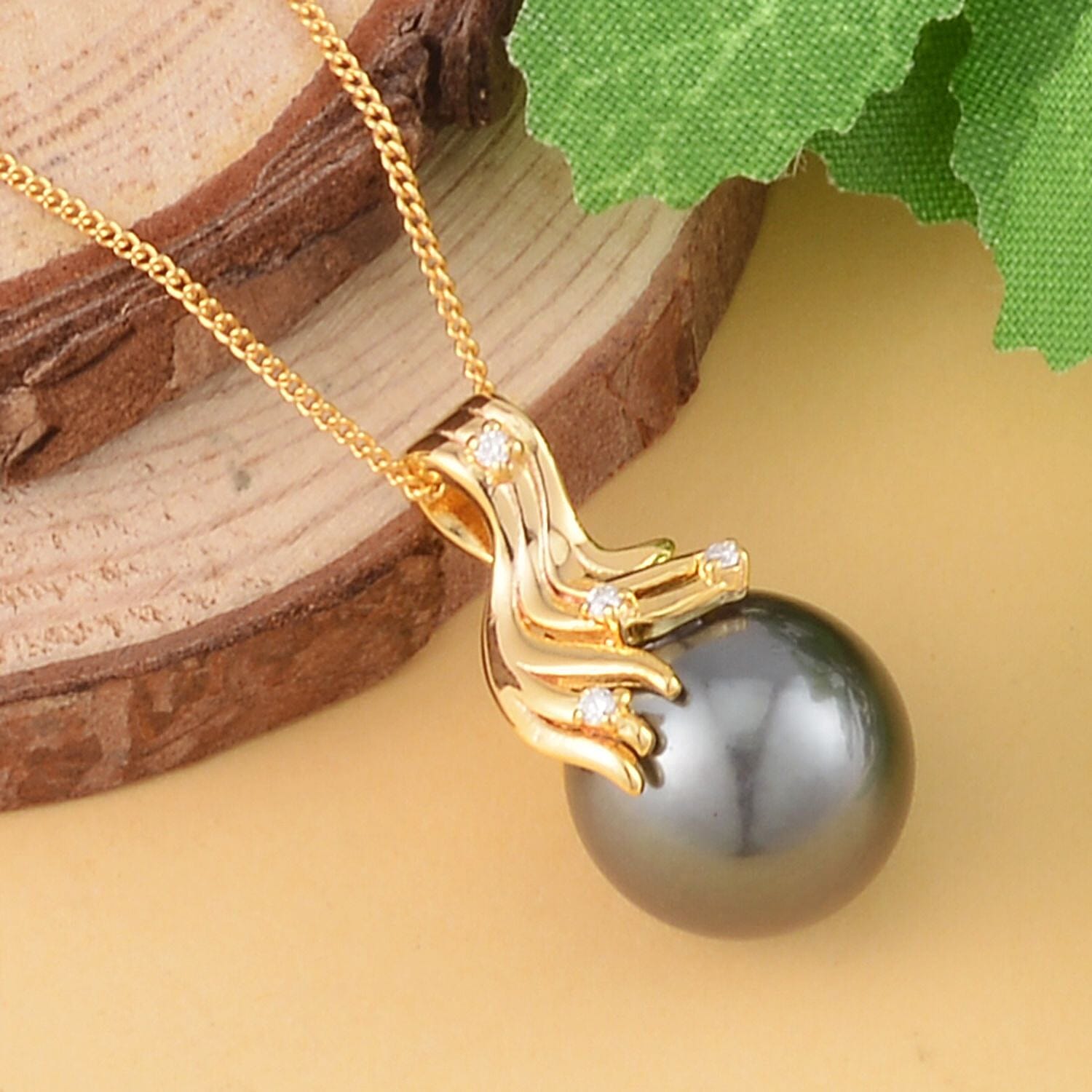 Tahitian Cultured Pearl 12-13mm and Moissanite Pendant Necklace 18 Inches in Vermeil Yellow Gold Over Sterling Silver