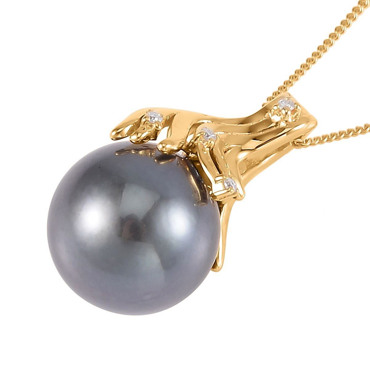 Tahitian Cultured Pearl 12-13mm and Moissanite Pendant Necklace 18 Inches in Vermeil Yellow Gold Over Sterling Silver