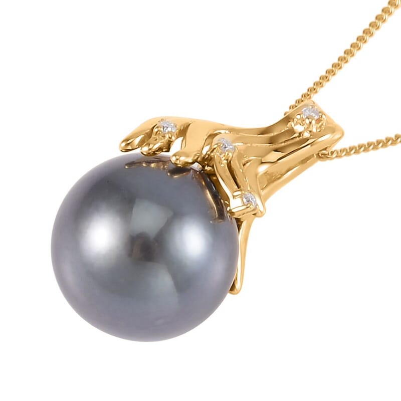 Tahitian Cultured Pearl 12-13mm and Moissanite Pendant Necklace 18 Inches in Vermeil Yellow Gold Over Sterling Silver