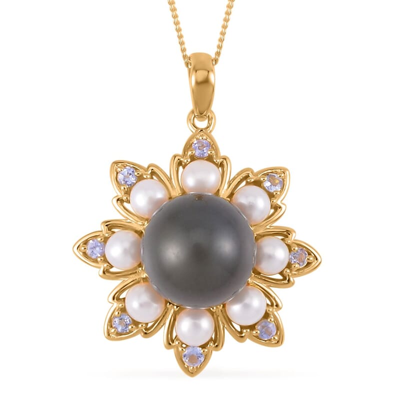 Tahitian Cultured Pearl and Multi Gemstone Floral Pendant Necklace 18 Inches in Vermeil Yellow Gold Over Sterling Silver 0.30 ctw