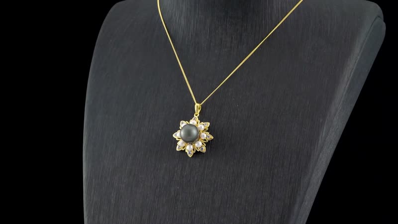 Tahitian Cultured Pearl and Multi Gemstone Floral Pendant Necklace 18 Inches in Vermeil Yellow Gold Over Sterling Silver 0.30 ctw