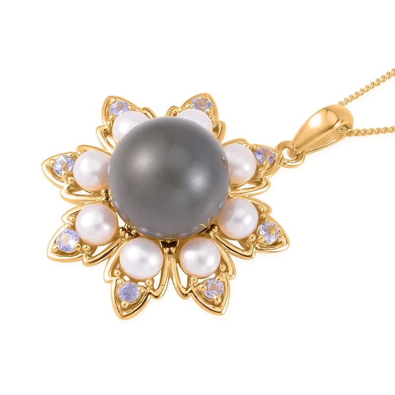 Tahitian Cultured Pearl and Multi Gemstone Floral Pendant Necklace 18 Inches in Vermeil Yellow Gold Over Sterling Silver 0.30 ctw