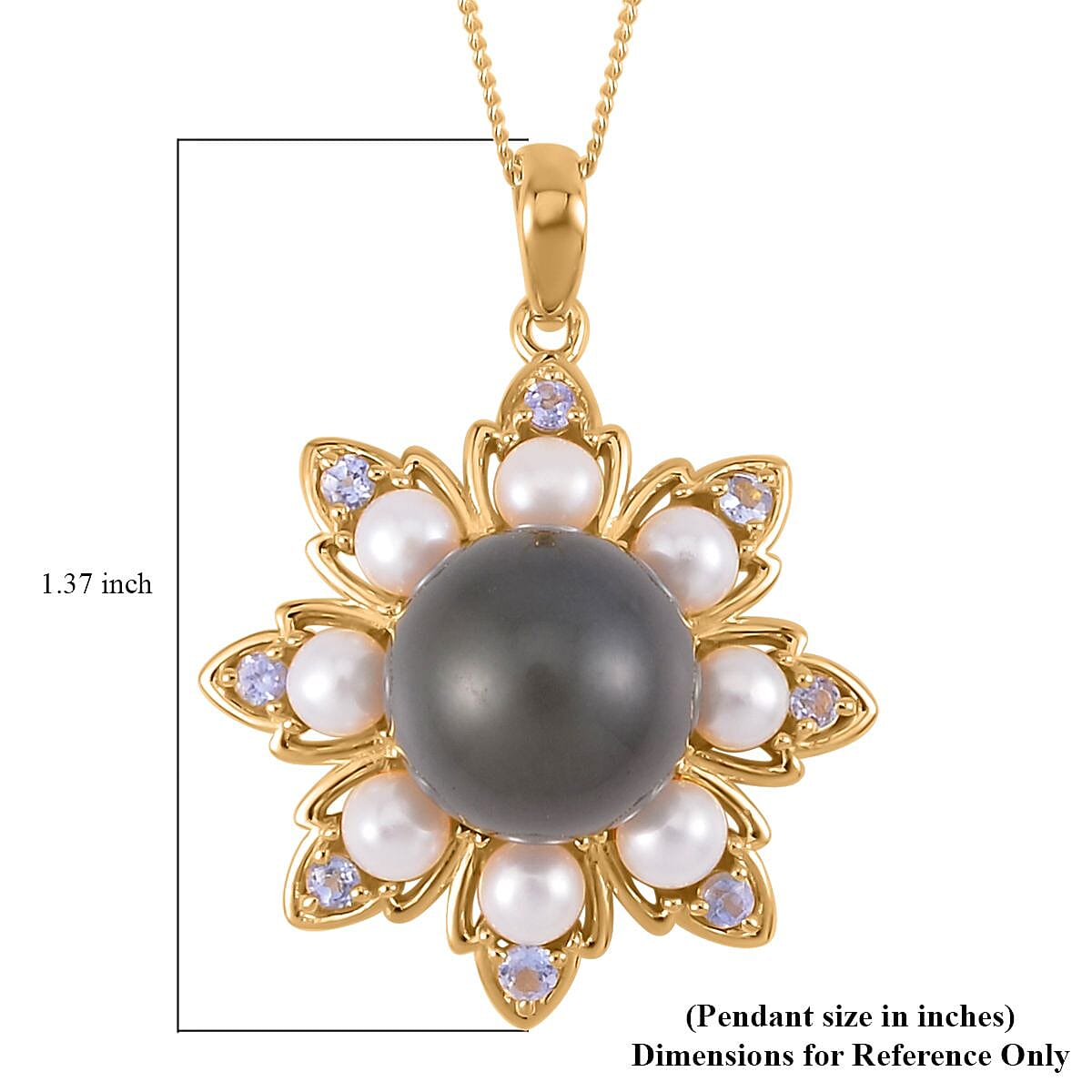 Tahitian Cultured Pearl and Multi Gemstone Floral Pendant Necklace 18 Inches in Vermeil Yellow Gold Over Sterling Silver 0.30 ctw