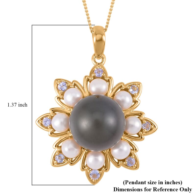 Tahitian Cultured Pearl and Multi Gemstone Floral Pendant Necklace 18 Inches in Vermeil Yellow Gold Over Sterling Silver 0.30 ctw