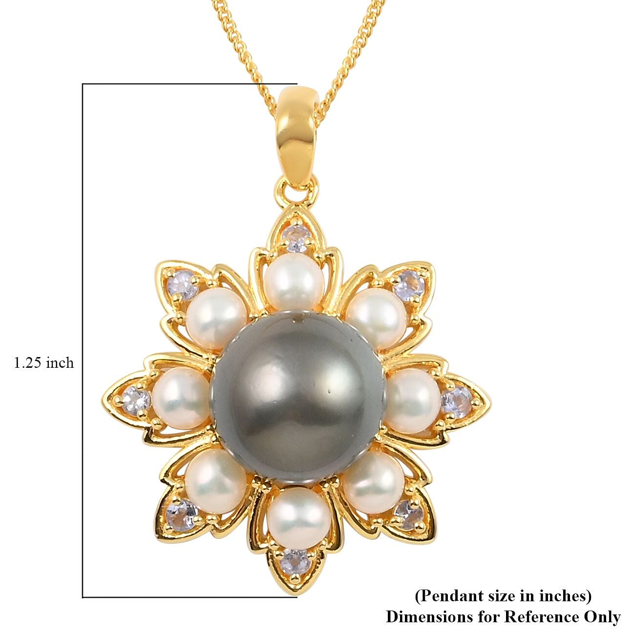 Tahitian Cultured Pearl and Multi Gemstone Floral Pendant Necklace 18 Inches in Vermeil Yellow Gold Over Sterling Silver 0.30 ctw