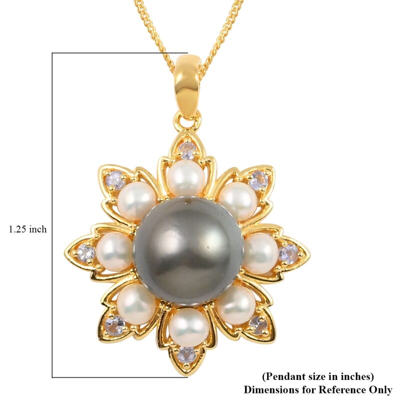 Tahitian Cultured Pearl and Multi Gemstone Floral Pendant Necklace 18 Inches in Vermeil Yellow Gold Over Sterling Silver 0.30 ctw