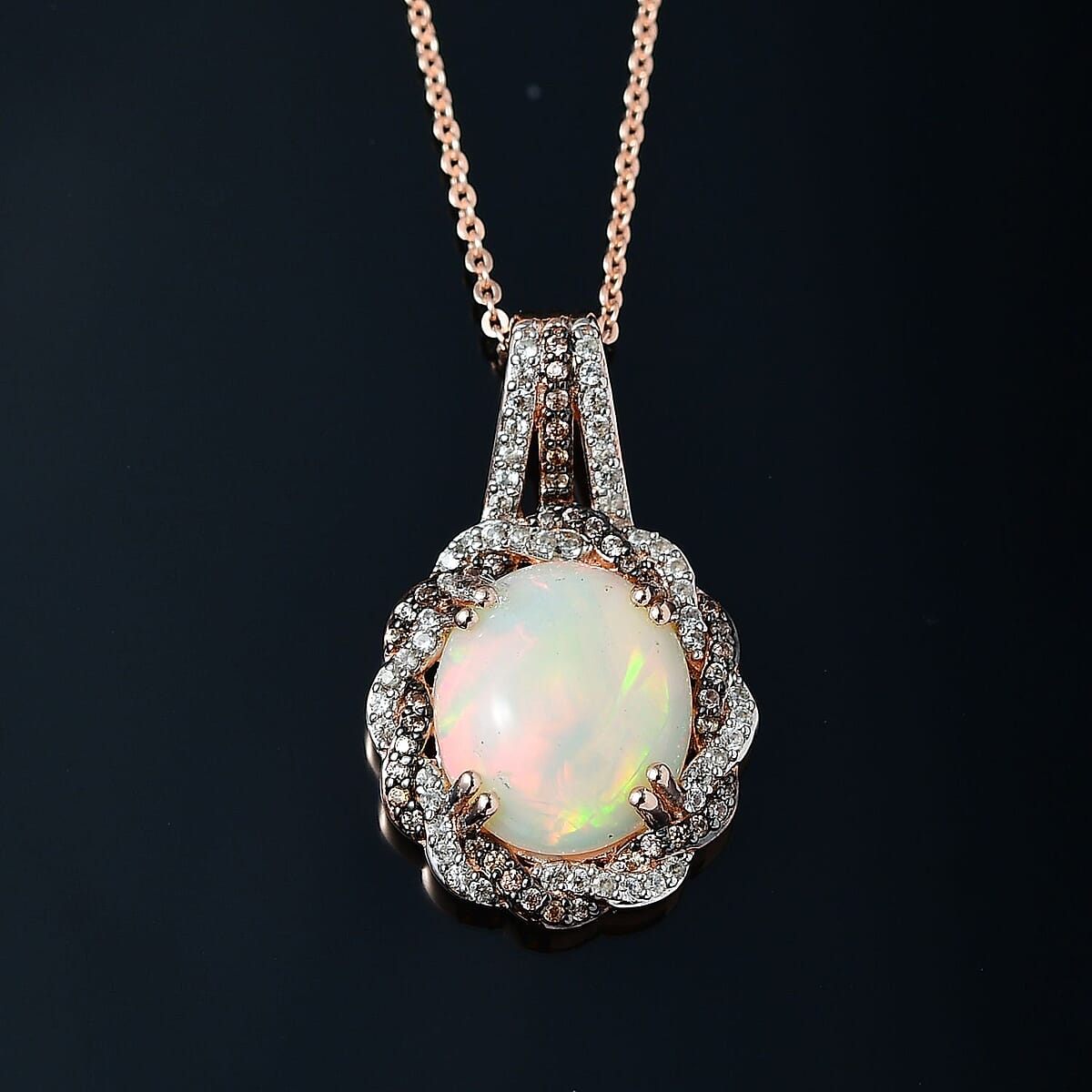 Premium Ethiopian Welo Opal, White and Champagne Zircon Pendant Necklace 20 Inches in Vermeil Rose Gold Over Sterling Silver 3.30 ctw image number 1