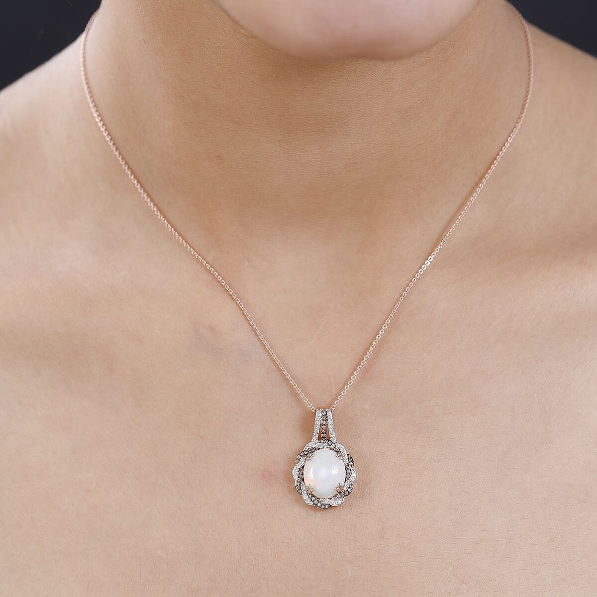 Premium Ethiopian Welo Opal, White and Champagne Zircon Pendant Necklace 20 Inches in Vermeil Rose Gold Over Sterling Silver 3.30 ctw image number 2