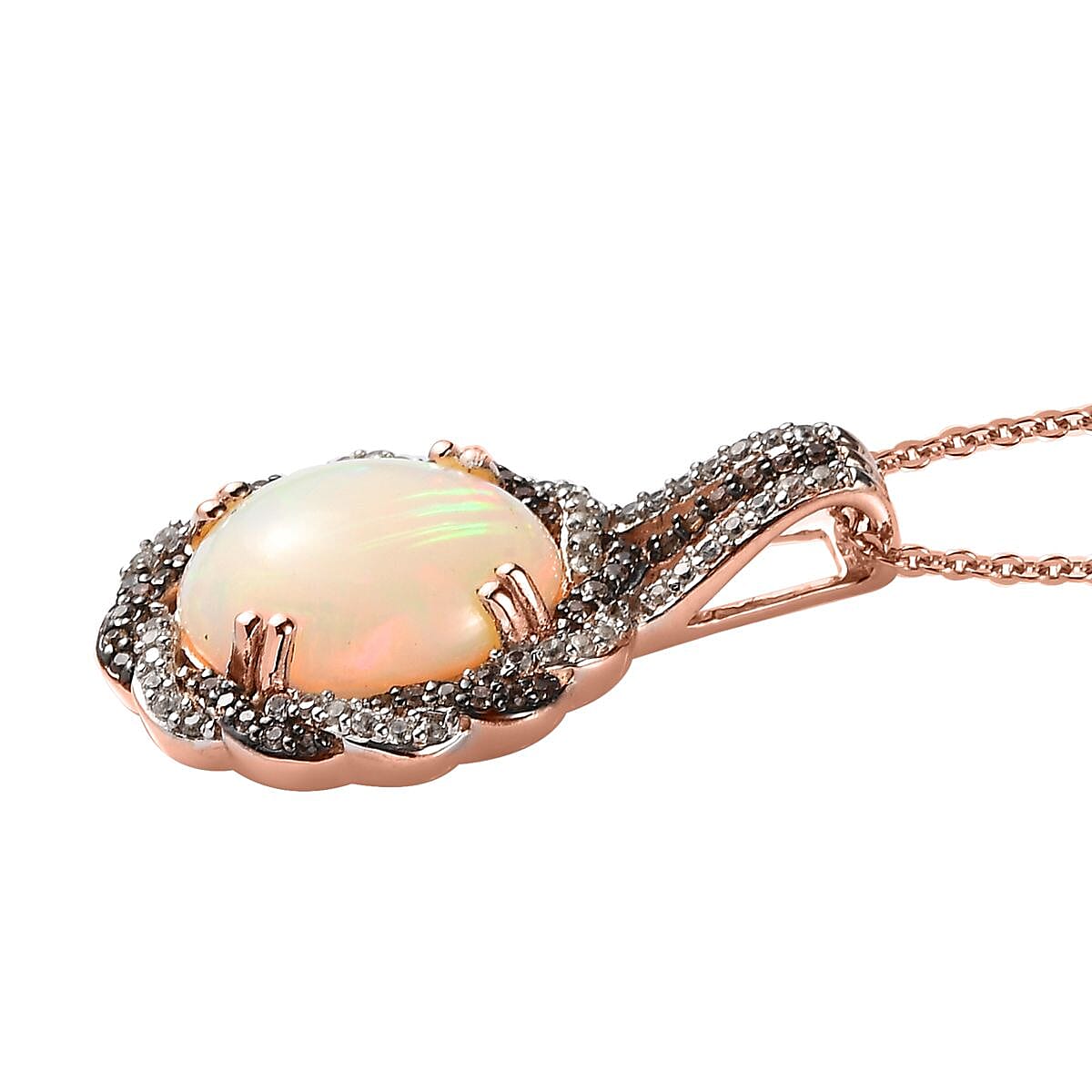 Premium Ethiopian Welo Opal, White and Champagne Zircon Pendant Necklace 20 Inches in Vermeil Rose Gold Over Sterling Silver 3.30 ctw image number 3