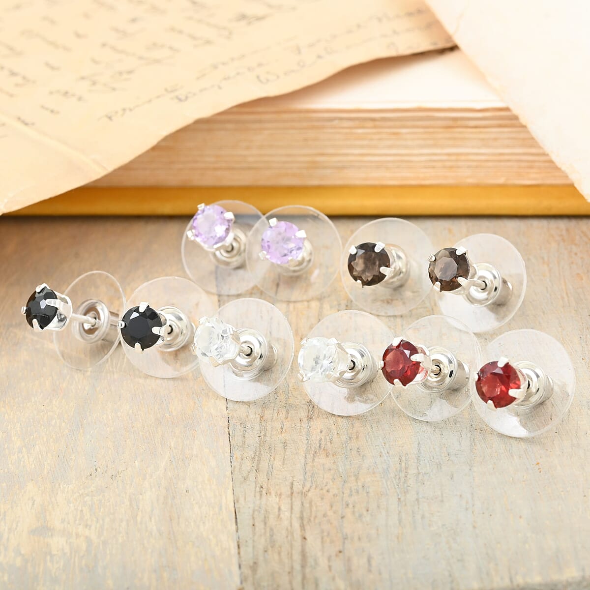 Set of 5 Smoky Quartz, Black Spinel, Rhodolite Garnet, White Topaz, and Pink Amethyst Earrings in Sterling Silver 4.80 ctw image number 1