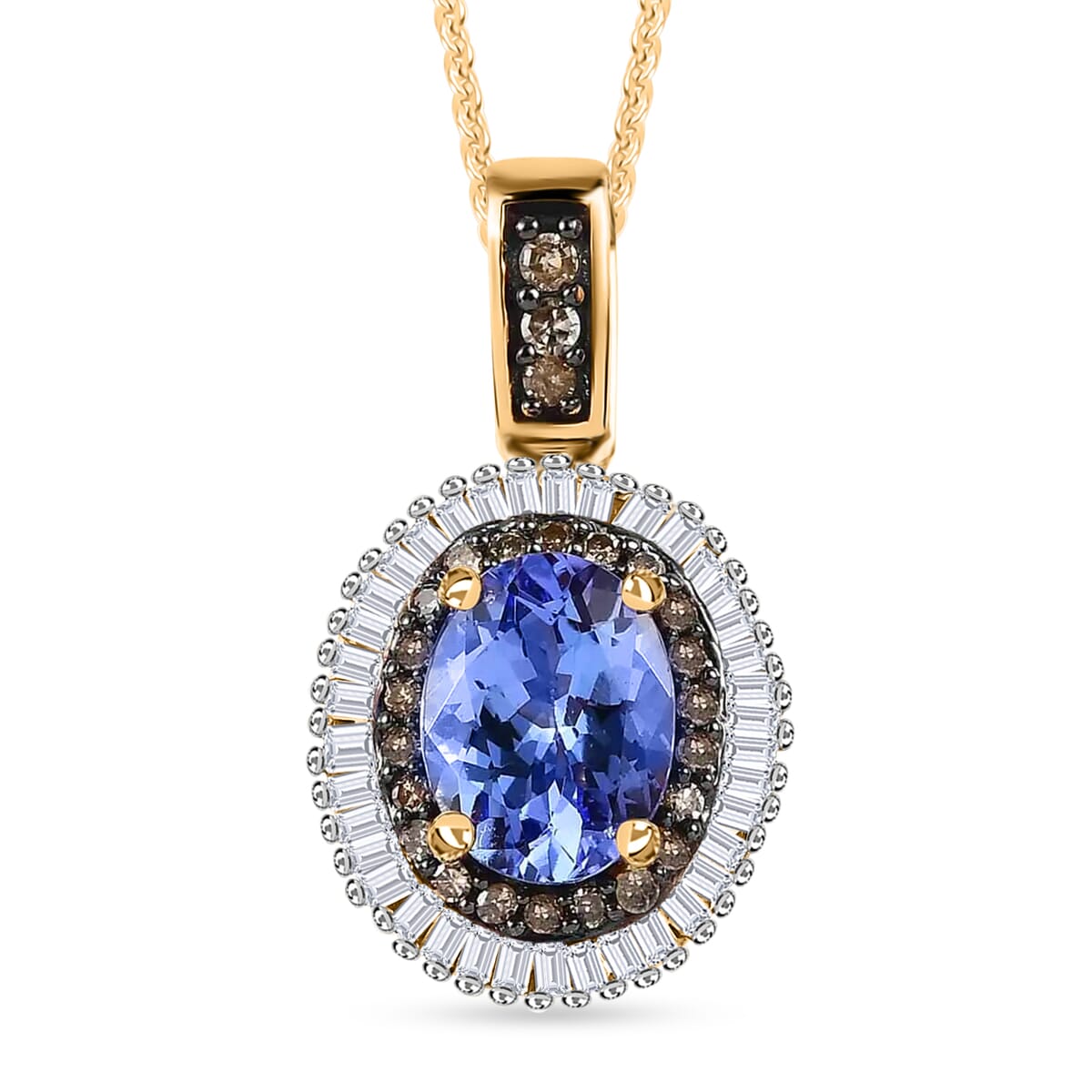 Peacock Tanzanite, Blue and White Diamond Double Halo Pendant Necklace 20 Inches in Platinum Over Sterling Silver 1.50 ctw image number 0