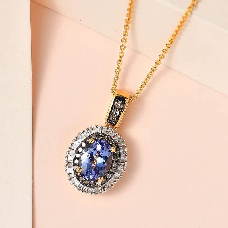 Tanzanite, Natural Champagne and White Diamond Double Halo Pendant Necklace 20 Inches in Vermeil Yellow Gold Over Sterling Silver 1.75 ctw