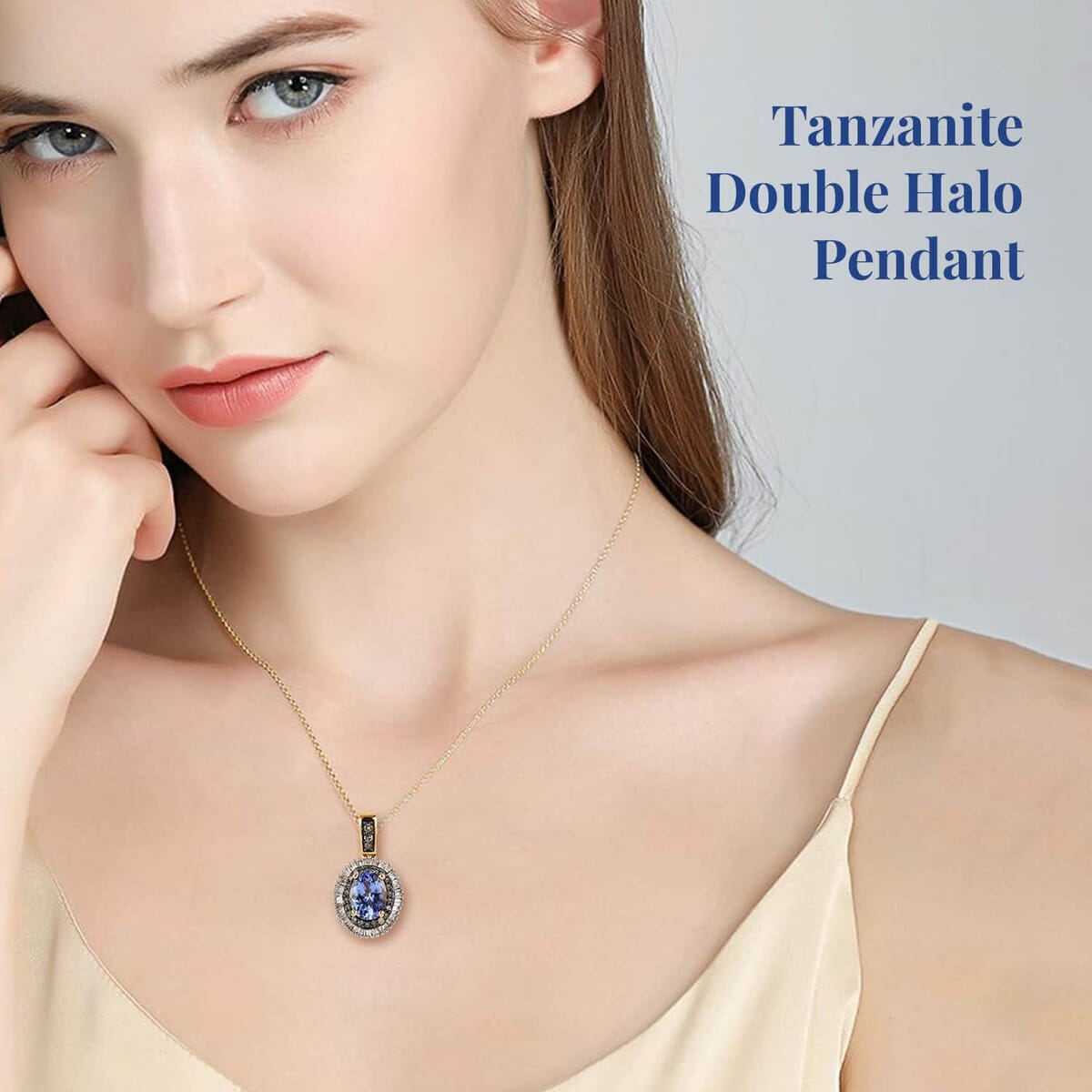 Peacock Tanzanite, Blue and White Diamond Double Halo Pendant Necklace 20 Inches in Platinum Over Sterling Silver 1.50 ctw image number 2