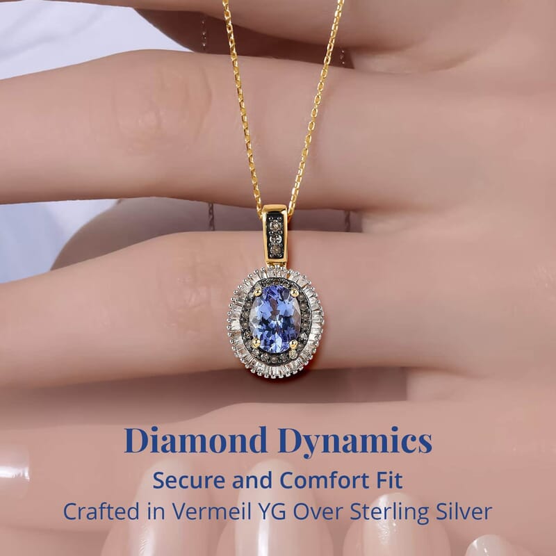 Tanzanite, Natural Champagne and White Diamond Double Halo Pendant Necklace 20 Inches in Vermeil Yellow Gold Over Sterling Silver 1.75 ctw