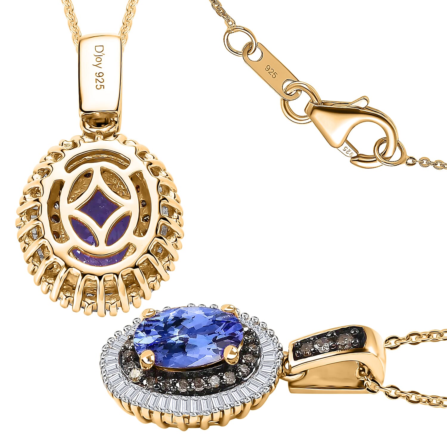 Tanzanite, Natural Champagne and White Diamond Double Halo Pendant Necklace 20 Inches in Vermeil Yellow Gold Over Sterling Silver 1.75 ctw