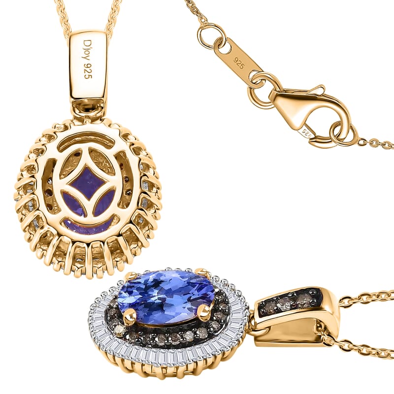 Tanzanite, Natural Champagne and White Diamond Double Halo Pendant Necklace 20 Inches in Vermeil Yellow Gold Over Sterling Silver 1.75 ctw