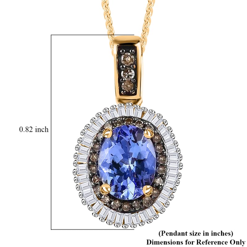 Tanzanite, Natural Champagne and White Diamond Double Halo Pendant Necklace 20 Inches in Vermeil Yellow Gold Over Sterling Silver 1.75 ctw