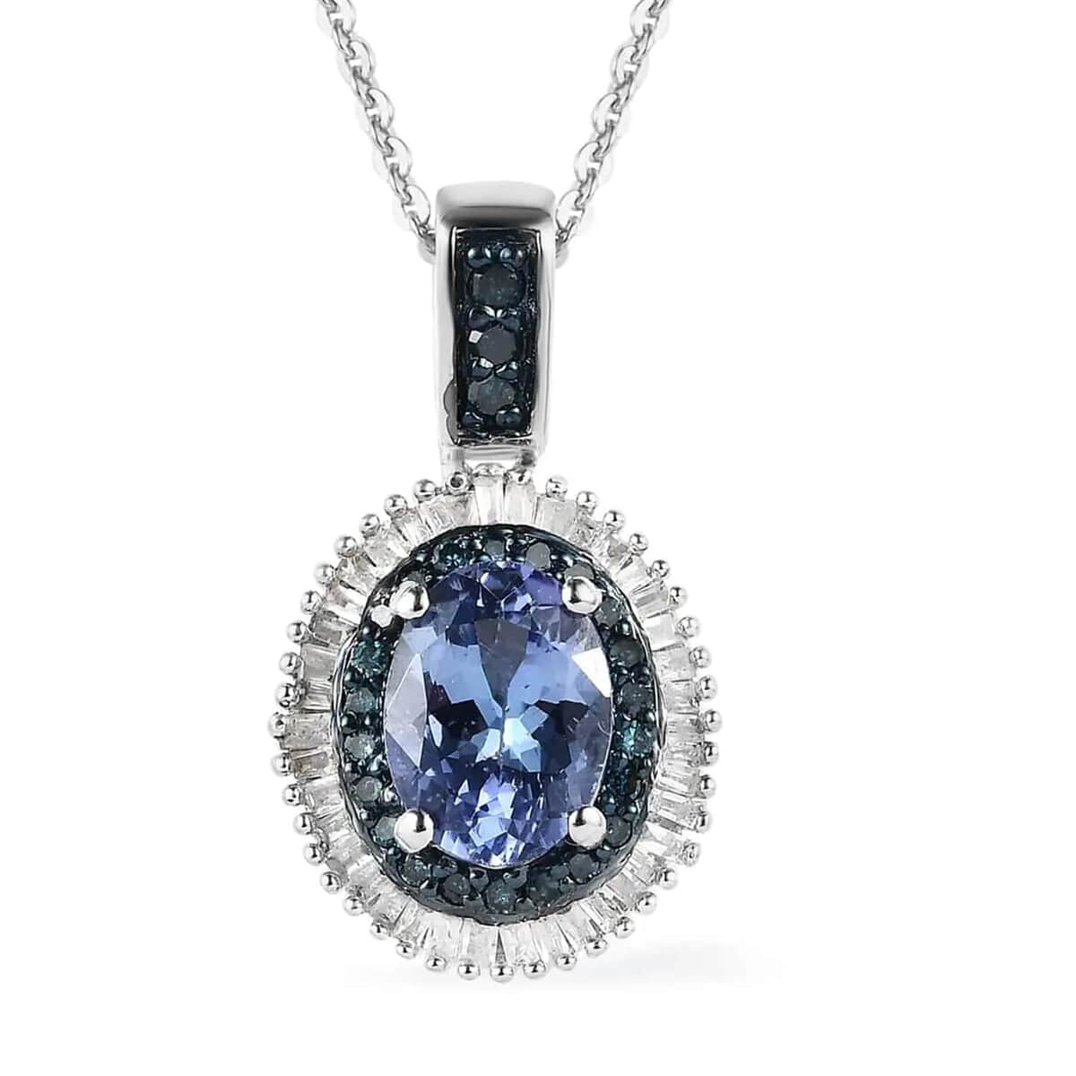 Peacock Tanzanite, Blue and White Diamond Double Halo Pendant Necklace 20 Inches in Platinum Over Sterling Silver 1.65 ctw image number 0