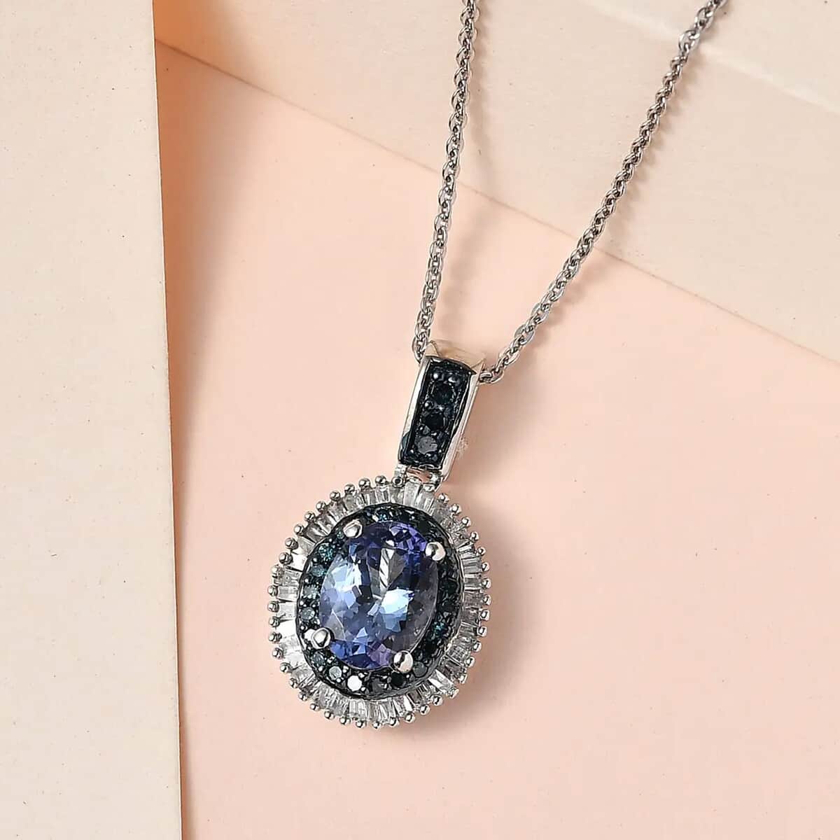 Peacock Tanzanite, Blue and White Diamond Double Halo Pendant Necklace 20 Inches in Platinum Over Sterling Silver 1.65 ctw image number 1