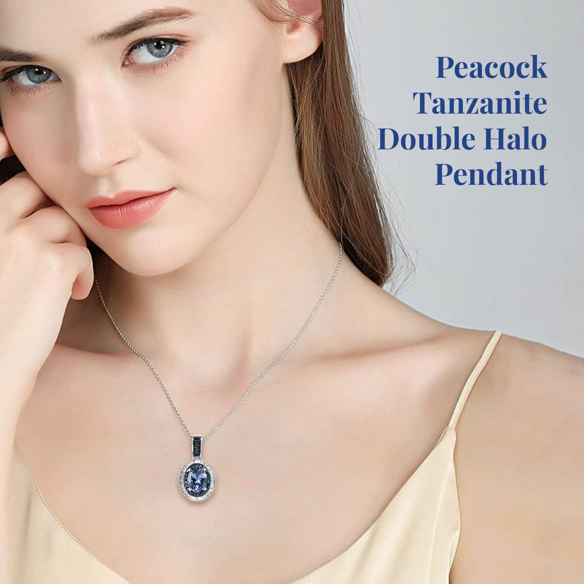 Peacock Tanzanite, Blue and White Diamond Double Halo Pendant Necklace 20 Inches in Platinum Over Sterling Silver 1.65 ctw image number 2