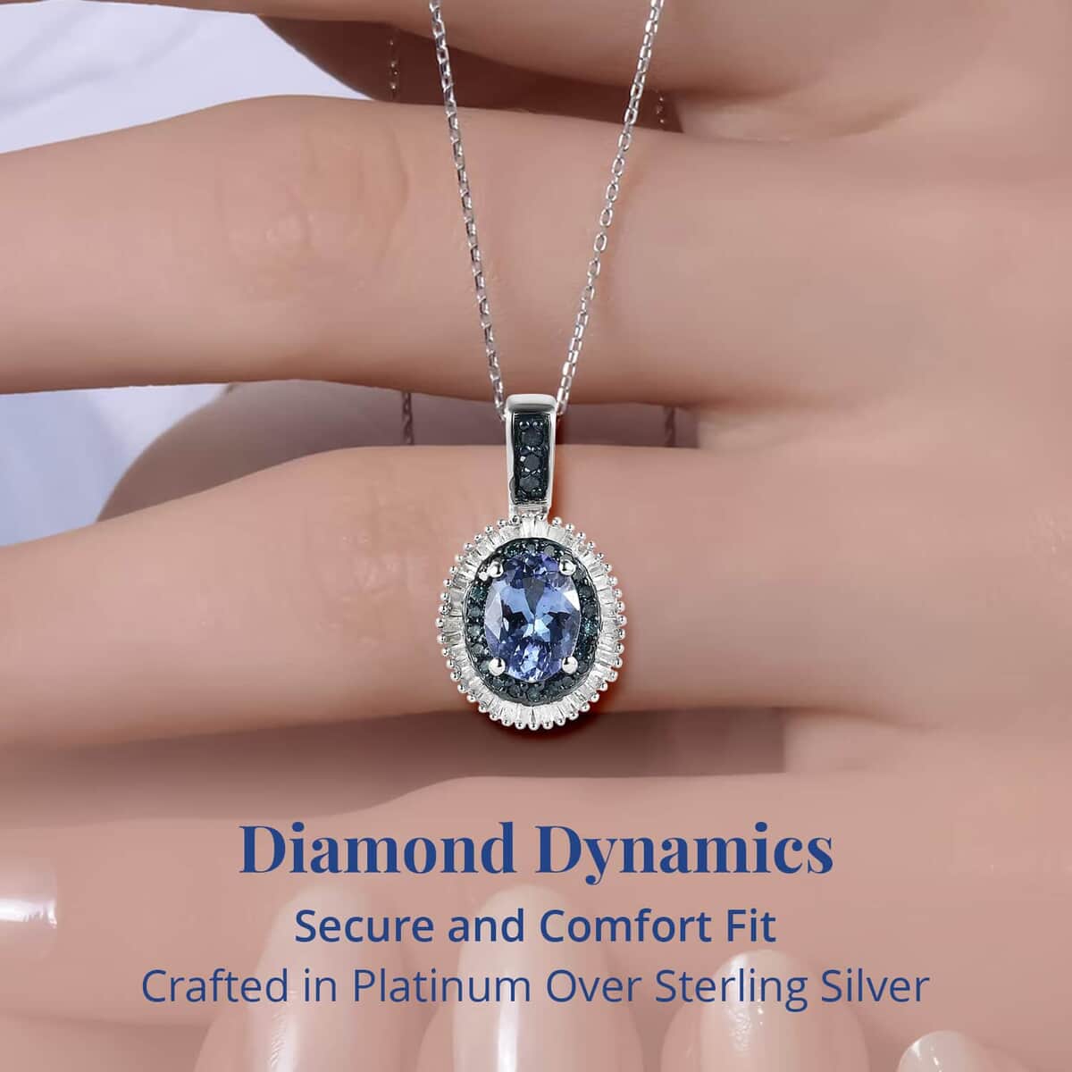 Peacock Tanzanite, Blue and White Diamond Double Halo Pendant Necklace 20 Inches in Platinum Over Sterling Silver 1.65 ctw image number 3