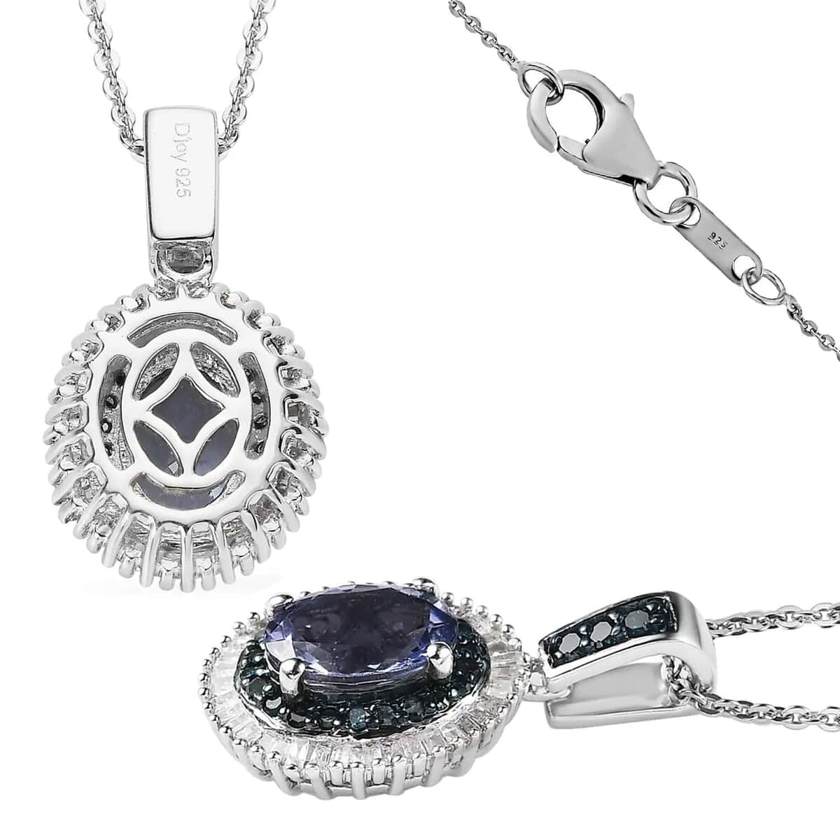 Peacock Tanzanite, Blue and White Diamond Double Halo Pendant Necklace 20 Inches in Platinum Over Sterling Silver 1.65 ctw image number 5