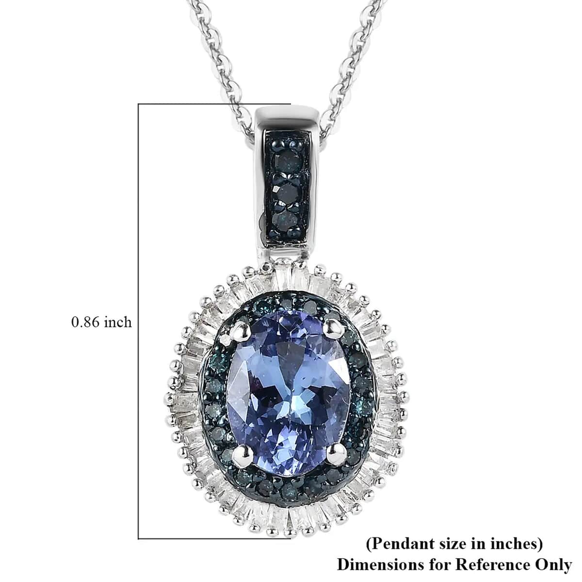 Peacock Tanzanite, Blue and White Diamond Double Halo Pendant Necklace 20 Inches in Platinum Over Sterling Silver 1.65 ctw image number 6