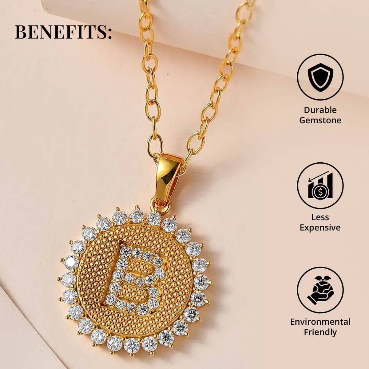 Moissanite Initial B Sun Medallion Coin Pendant with Cable Chain 20 Inches in Vermeil Yellow Gold Over Sterling Silver 1.40 ctw image number 3