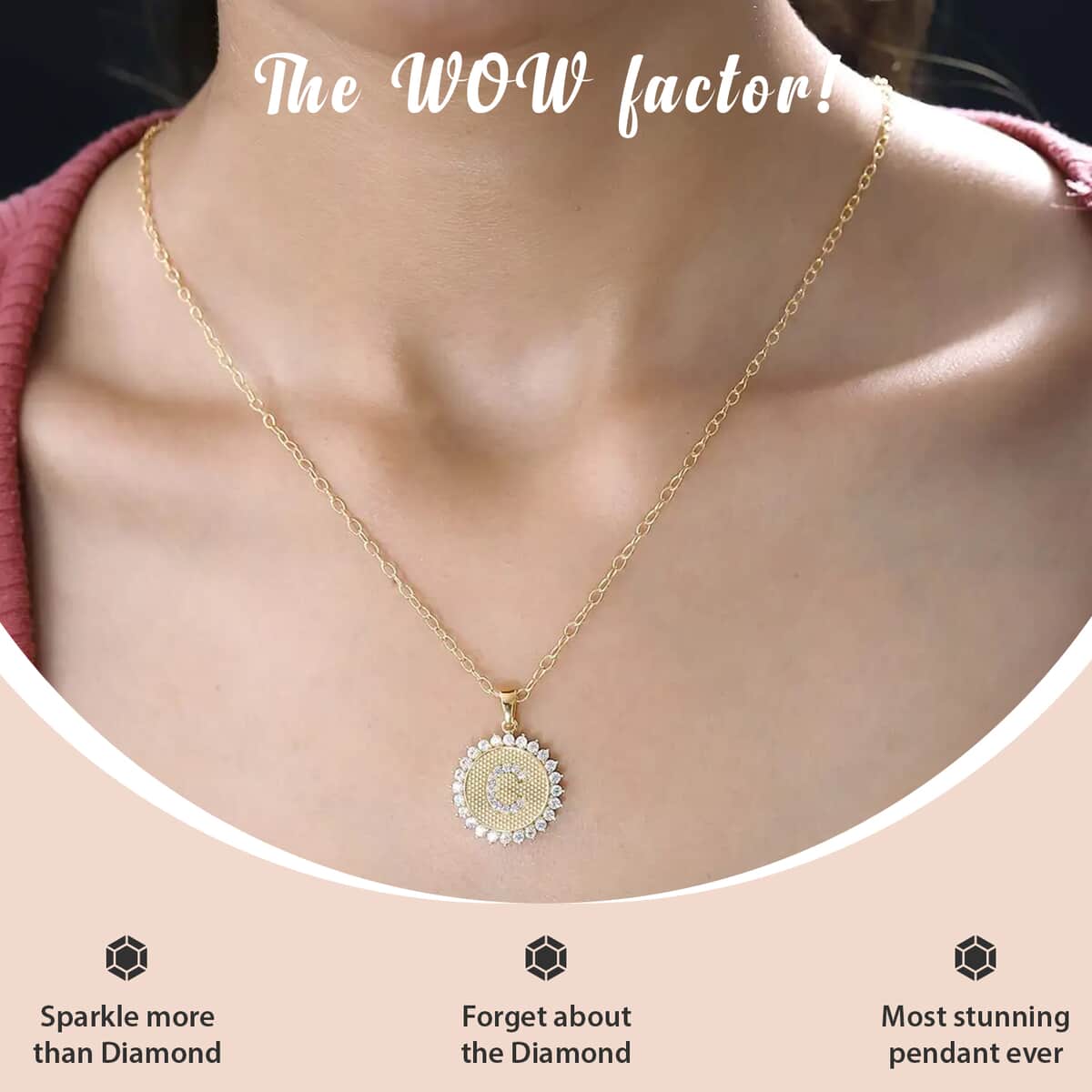 Moissanite Initial C Sun Medallion Coin Pendant with Cable Chain 20 Inches in Vermeil Yellow Gold Over Sterling Silver 1.40 ctw image number 1