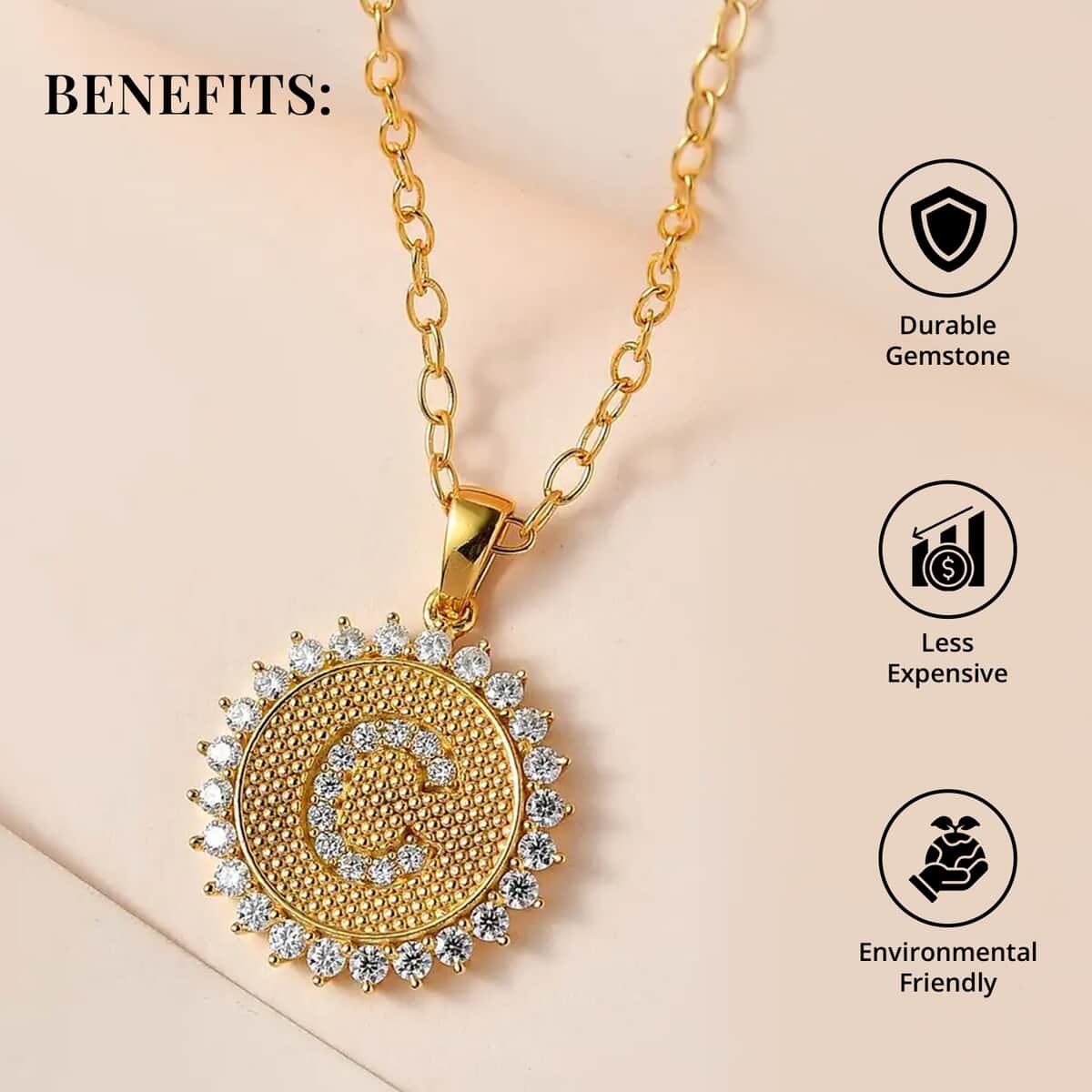 Moissanite Initial C Sun Medallion Coin Pendant with Cable Chain 20 Inches in Vermeil Yellow Gold Over Sterling Silver 1.40 ctw image number 3
