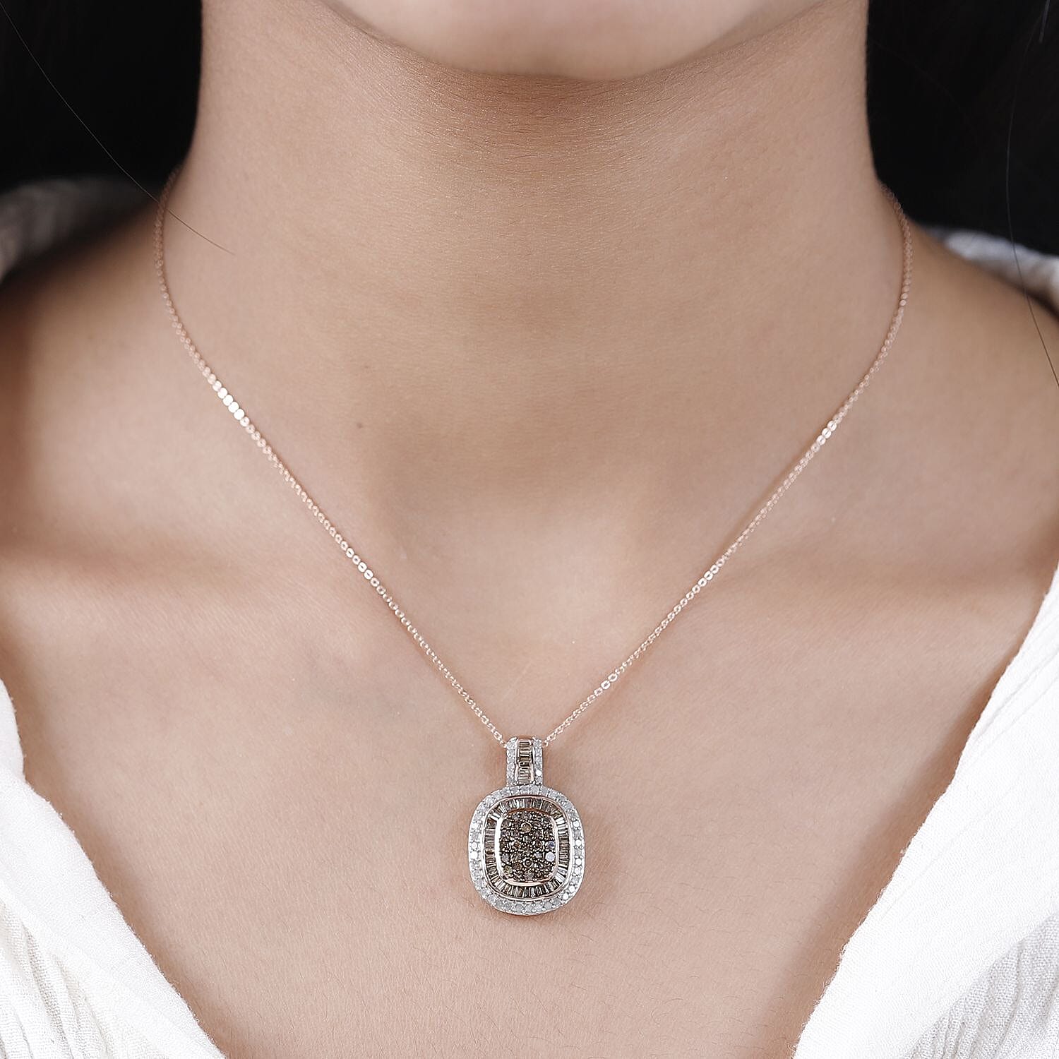 Natural Champagne and White Diamond Cocktail Pendant Necklace 20 Inches in Vermeil Rose Gold Over Sterling Silver 1.50 ctw