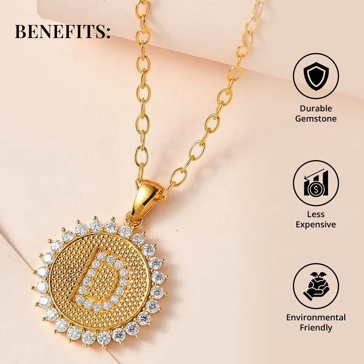 Moissanite Initial D Sun Medallion Coin Pendant with Cable Chain 20 Inches in Vermeil Yellow Gold Over Sterling Silver 1.40 ctw image number 3