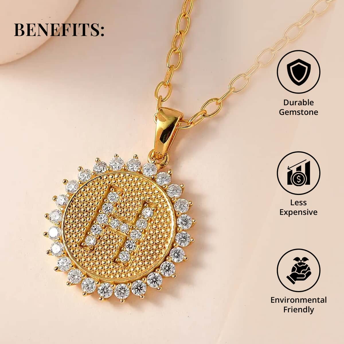 Moissanite Initial H Sun Medallion Coin Pendant with Cable Chain 20 Inches in Vermeil Yellow Gold Over Sterling Silver 1.40 ctw image number 3